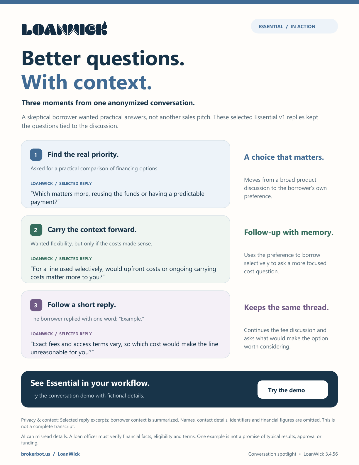One-page Essential conversation spotlight with three anonymized reply excerpts and what each question demonstrates.