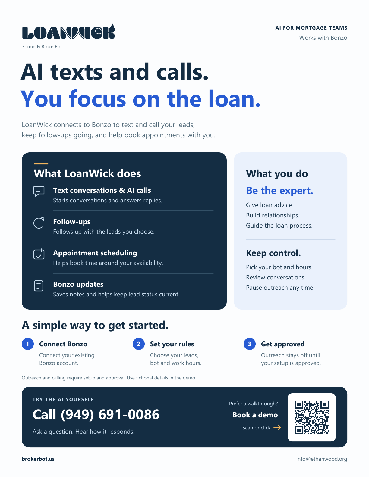 Preview of the LoanWick pitch: AI texts and calls. You focus on the loan.